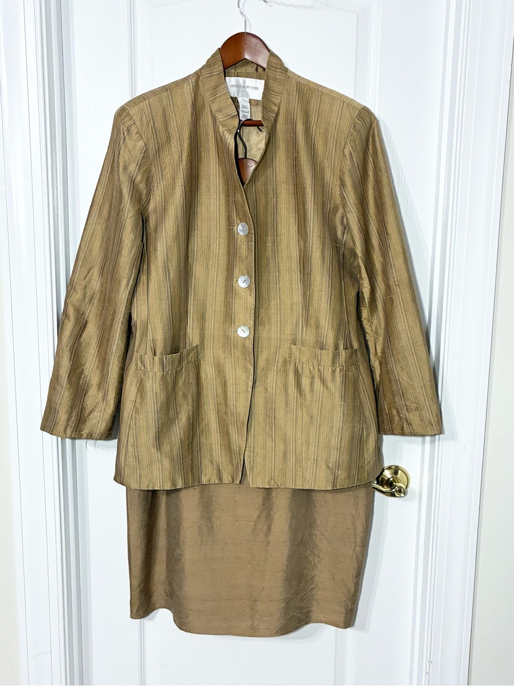 VTG 90s Jones New York SILK Striped Gold Suit Jacket Skirt Set USA MADE Size 16
